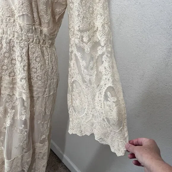Reba Midi Beige Antique Lace Dress Women Large Romantic Boho Long Sleeve - Picture 4 of 9